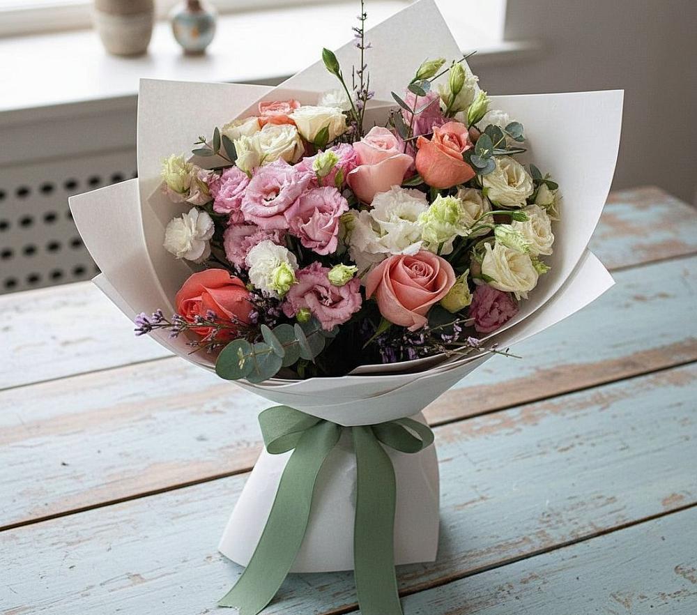 Букет цветов из: Розы, Лизиантусы и Гвоздики в Незамаевской