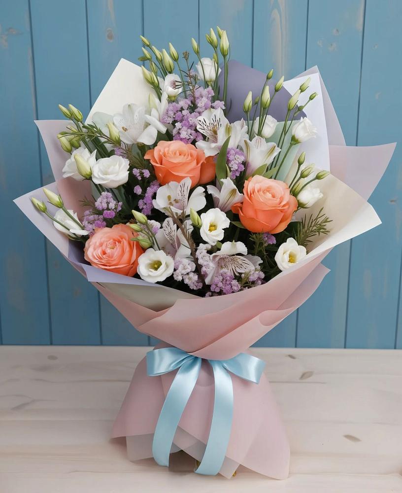 Букет цветов из: Лизиантусы, Розы, Альстромерии и Гипсофила в Незамаевской