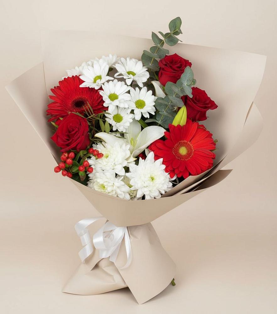 Букет цветов из: Розы, Хризантемы, Герберы и Лилии в Незамаевской