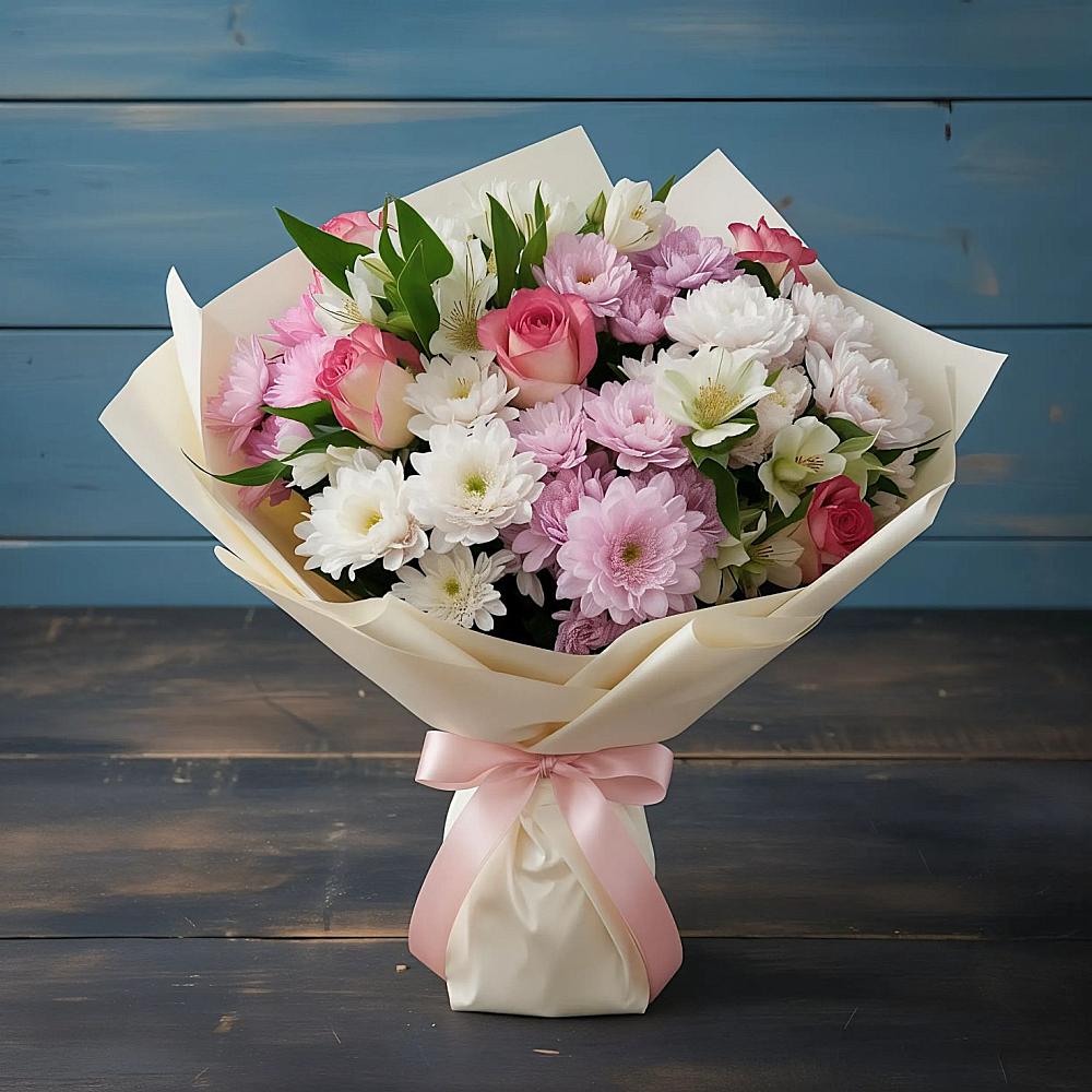 Букет цветов из: Хризантемы, Альстромерии и Розы в Незамаевской